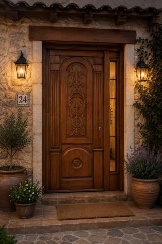 PUERTA DE ENTRADA DE MADERA MACIZA DE PINO TALLADA A MANO